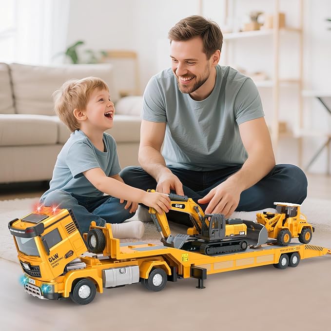 Toddler Boys Toys for 3-5 Years Old, Construction Toy Set w/Semi Truck, Excavator, Bulldozer, Alloy Engineering Construction Vehicles Truck Toys for Boys Age 4-7