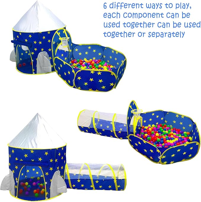 PigPigPen 3pc Kids Play Tent for Boys with Ball Pit, Crawl Tunnel, Princess Tents for Toddlers, Baby Space World Playhouse Toys, Boys Indoor& Outdoor Play House, Perfect Kid’s Gifts