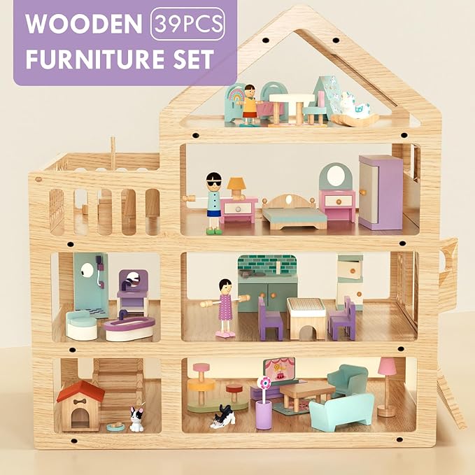 Lehoo Castle Wooden Dollhouse Furniture Set 39 Pcs with 5 Rooms, Family Dolls & Pets, All-Wooden Doll House Accessories and Furniture, Pretend Play Dollhouse Accessories Toy Gift for Kids 3+