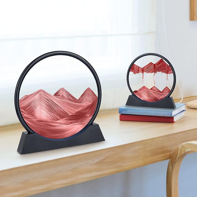 Moving Sand Art Picture - 3D Quicksand Painting Decor - Round Glass 3D Deep Sea Sandscape - Relaxing Home Decoration Desk Toys for Home Office Desk Mantle Bookshelf- (Red, 12 in)