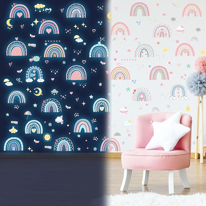 Glow in The Dark Boho Rainbow Wall Decals,Glowing Luminous Small Rainbow Wall Stickers Colorful Removable self-Adhesive Rainbow Sun Moon Star Heart Decals for Girls Bedroom Decoration