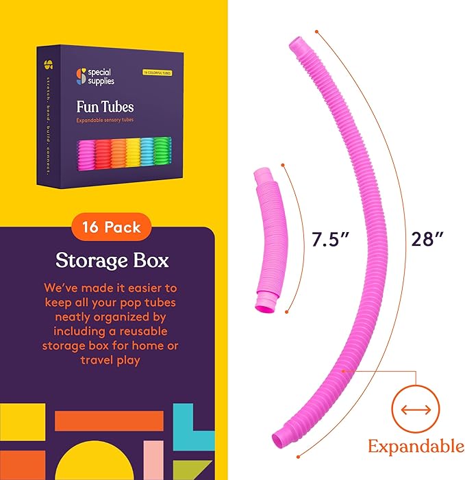 Special Supplies Fun Pull and Stretch Tubes for Kids - Pop, Bend, Build, and Connect Toy, Provide Tactile and Auditory Sensory Play, Colorful, Heavy-Duty Plastic (16-Pack Primary Colors)