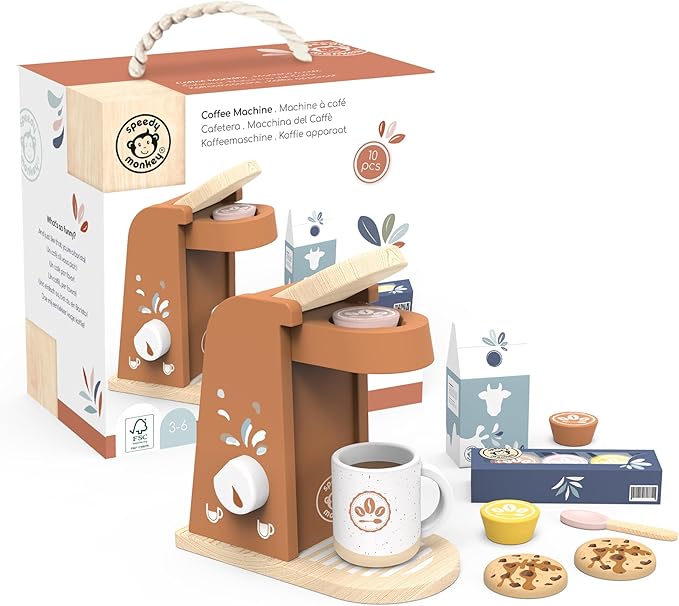 Speedy Monkey Wooden Kids Coffee Machine Playset – FSC Certified Pretend Play Espresso Maker, Barista Role Play Café Set Toy for Toddlers, Boys & Girls, Coffee Grinder with Cups & Kitchen Accessories