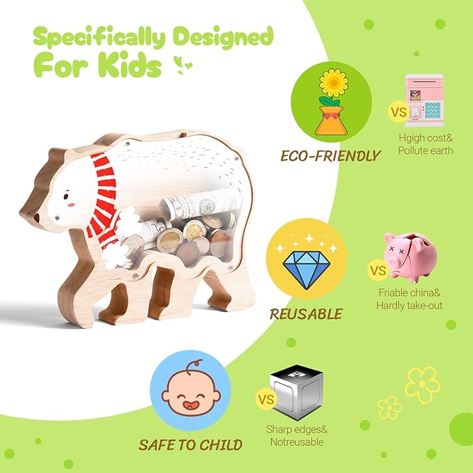 Wooden Christmas Piggy Bank for Kids, Adorable Bear Piggy Bank with Acrylic Panels, Unbreakable Toddler Money Box for Boys Girls, Cute Christmas Saving Coin Jar for Birthday, Decor