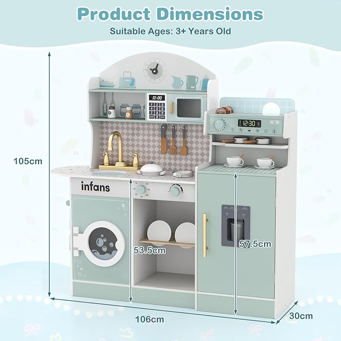 INFANS Kids Kitchen Playset, Toddler Wooden Kitchen Pretend Cooking Toy Set with Coffee Maker Ice Machine Dishwasher Microwave Storage Cabinet, Simulation Play Kitchen for Boys Girls 3+ (Blue)