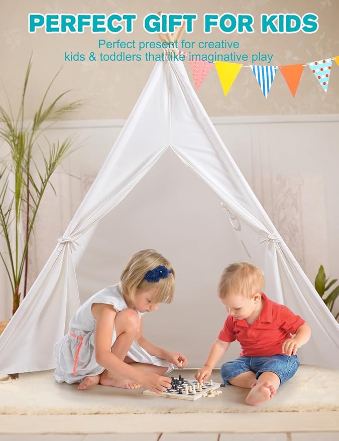 Sumbababy Teepee Tent for Kids Tipi Tent Indoor - Cotton Canvas Kid Tents for Inside with Light & Flag- Foldable Toddler Play Tents for Girls & Boys Slumber Party - Washable Boho Play House Gift Toys