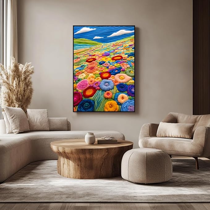 Bgraamiens-Felted Flower Grassland-Colorful Flowers on a Lush Grassland, Unique Flowers Art, Whimsical Wool Felted Wall Decoration