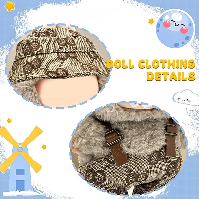 17cm Clothes Set(Only Outfit), Hat & Overalls Set for 6.7inch Doll, Cute Clothes for Dress up Unique Style, Stylish Clothes for Doll (Brown)