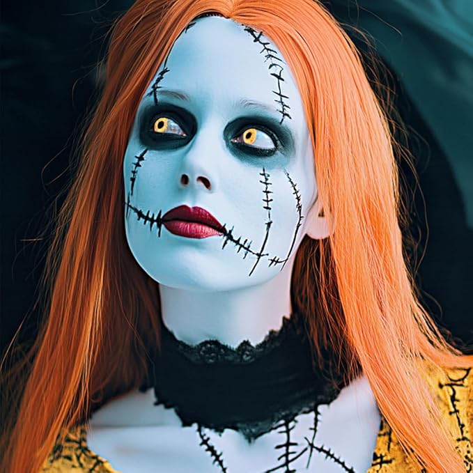 4 Pcs Sally Makeup Kit,Corpse Bride SFX Halloween Baby Blue ,Water Activated Face Paint Makeup Kit,Sally Face Costume Women Cosplay,Light Blue Body Paint+Eyeliner+Lipstick+Sponge