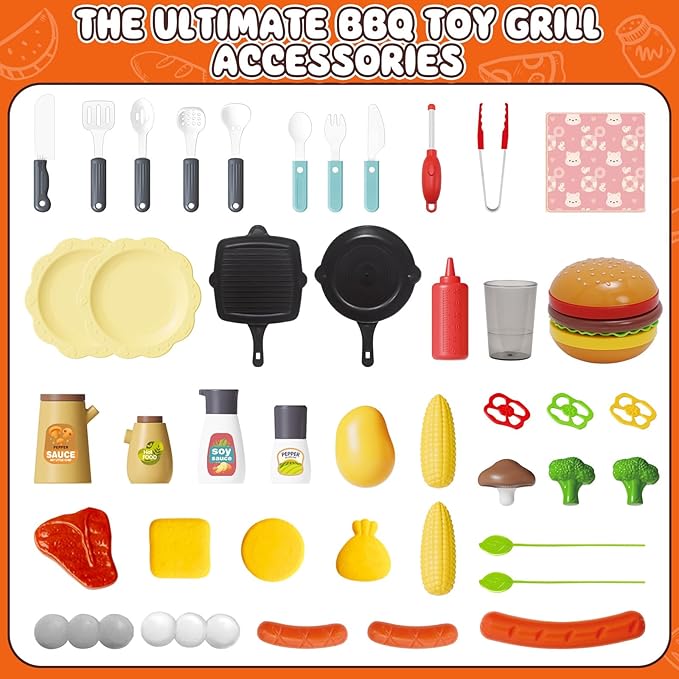 2025 Kids Kitchen Playset Toy Grill BBQ with Smoke Light Pretend Play Food Toys Cooking Set 2-Layer Barbecue Gifts for Toddler Boys Girls 3-5 6 7