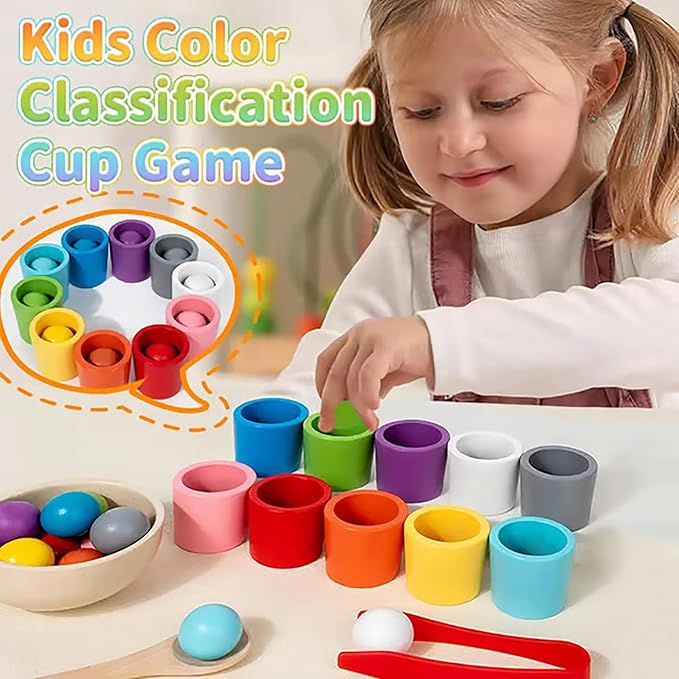 Rainbow Balls in Cups Toddler Toys, Montessori Wooden Color Sorting Toys for Toddlers 1-3, Educational Preschool Learning Game, Fine Motor Skills Montessori Matching Toy for Kids(2pcs)
