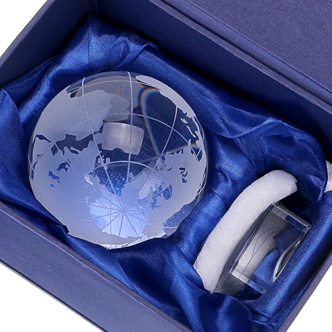 OwnMy 80mm World Globe Crystal Ball Glass Sphere Display Globe Paperweight Healing Meditation Ball with Clear Stand for Creative Gift