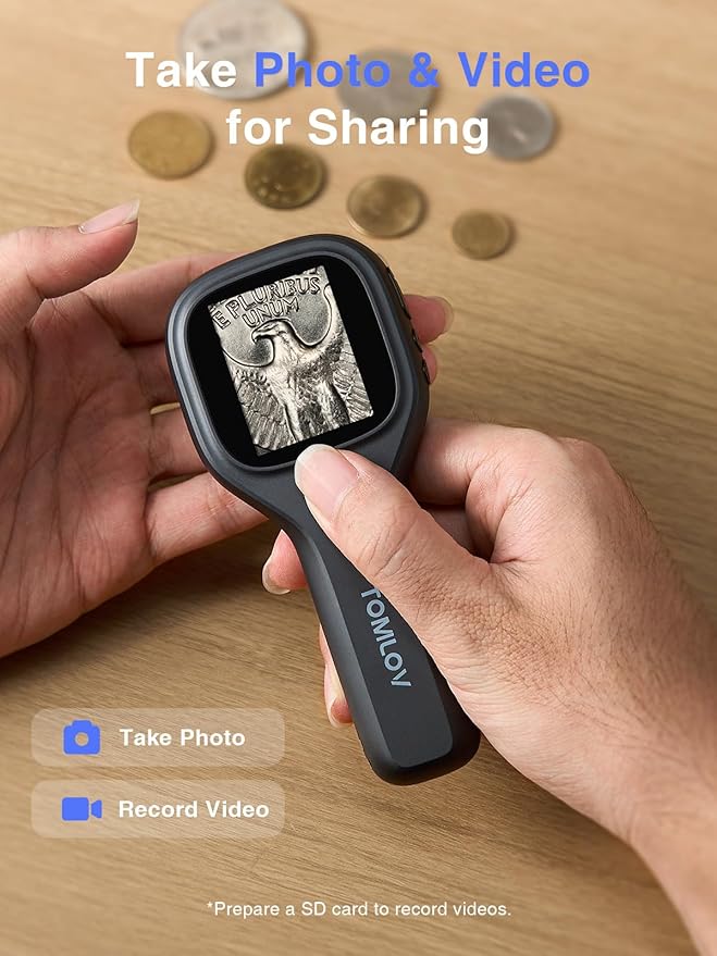 TOMLOV P10 Evo Handheld Close-Up Microscope: 20X Digital Coin Microscope for Adults Kids, LED Lighted Magnifier with 2" IPS Screen, Battery, Jewelers Loupe Compatible with Windows/macOS, Black