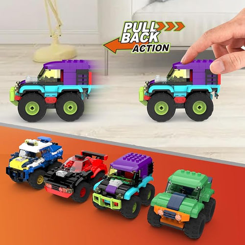 4 Pack Monster Truck Micro Brick Building Blocks Set, Pull Back Car Toy Vehicles Set, Birthday Party Favor or Gift for Teens Ages 8+ Kids