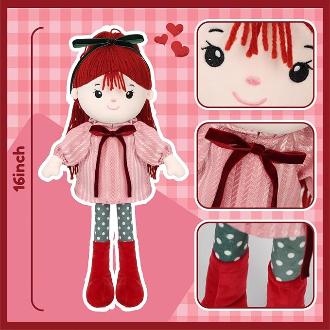 Soft Baby Doll Toys (16'') Baby Rag Doll for Girls Birthday Cuddly Plush Toys for Toddler Kids (Red)