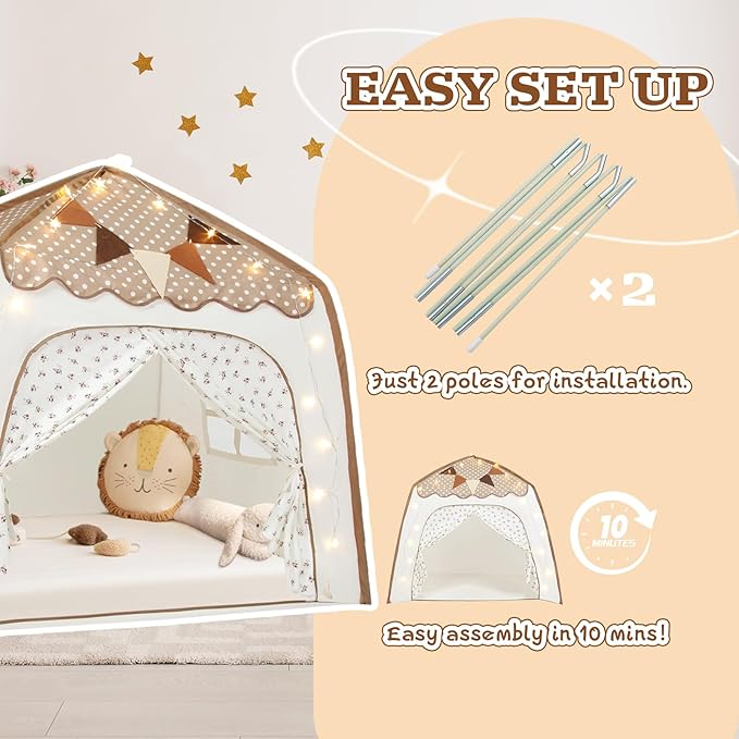 Toddler Bed Tent, Kids Play Tent with Flags, Star String, Portable Bed Canopy for Boys & Girls, Children, Indoor Outdoor Dome Playhouse, Brown Dots & Floral Pattern, 51" x 39" x 51"