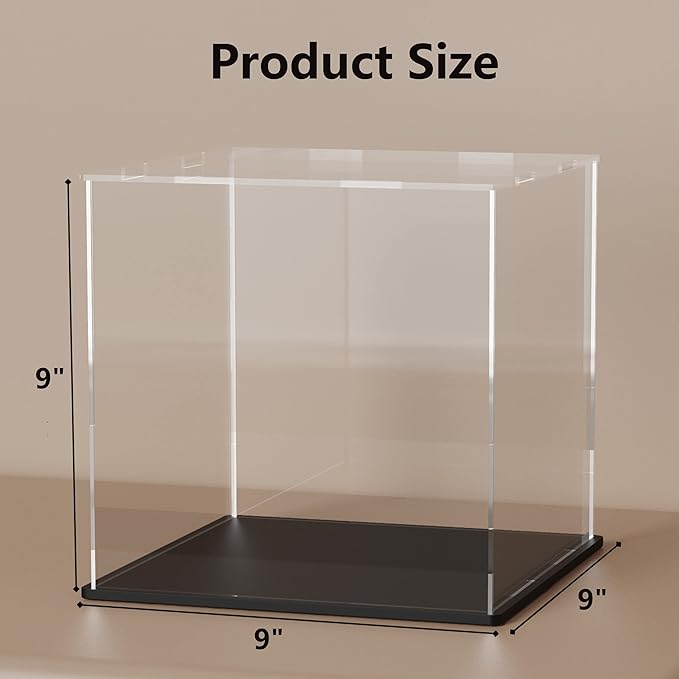9 Inch Acrylic Case for Display, Clear Display Acrylic Box for Collectibles, Display Case with Matt Black Stand and Lid for Office Home