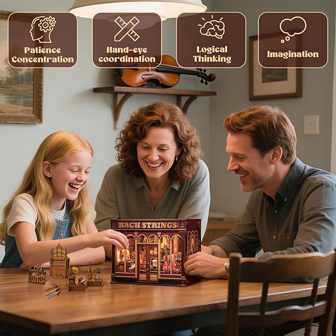 Cutefun Book Nook Kit - DIY Miniature House Dollhouse Kit, Book Nook Kits for Adults, Bookshelf Insert Bookend with LED Light for Teens and Adults (Bach Strings)