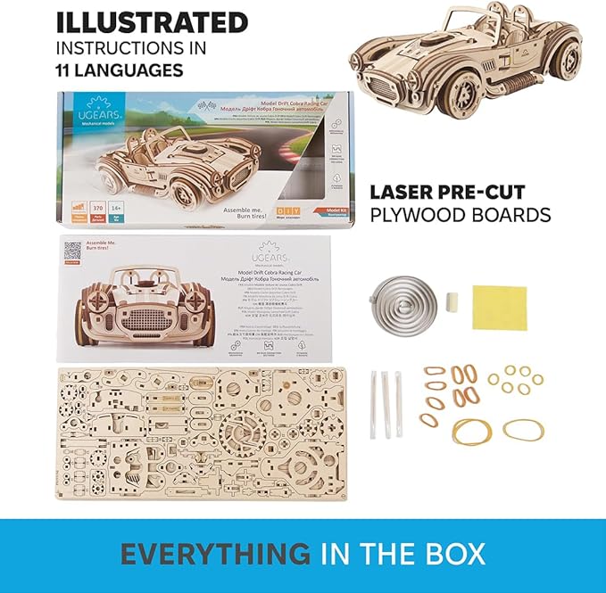 UGEARS Drift Cobra Racing Car Puzzle - Wooden 3D Puzzles for Adults to Build with Powerful Spring Motor - Wood Mechanical Models Building Kit Retro Hobbies for Men - 370 Pcs