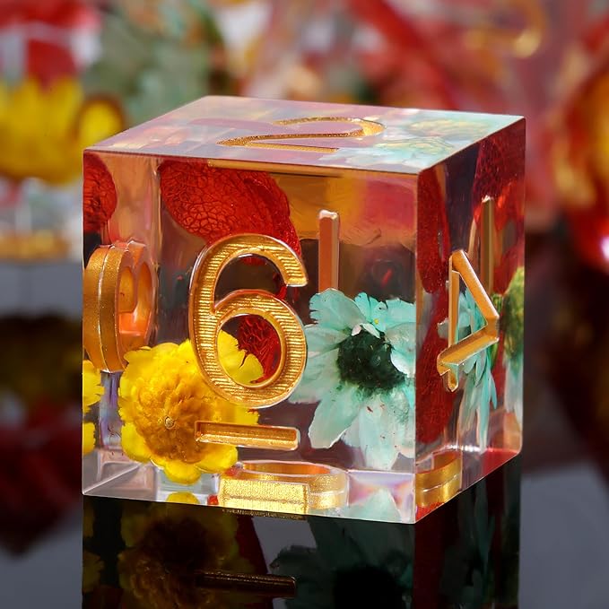 Resin DND Dice,DNDND Handmade Flowers Sharp Edge Die with Gift Case for D&D Dungeons and Dragon Games (Red and Yellow Flowers)