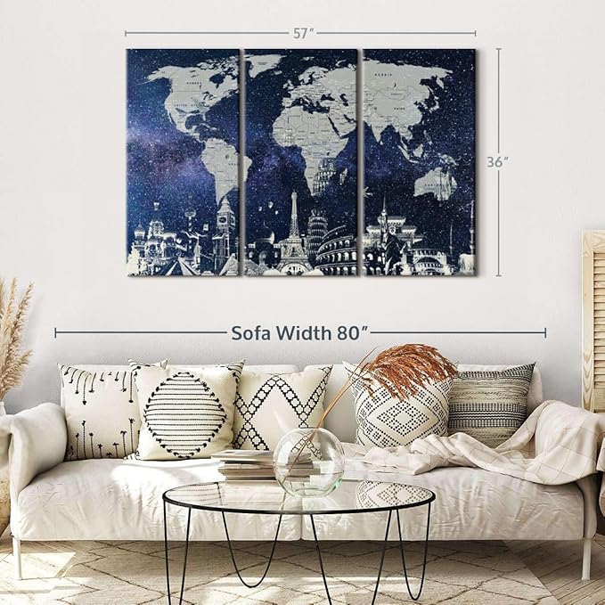 ElephantStock Starry World Map Multi Piece Canvas - 3 Panel Wall Decor - Map of the World Art - Canvas for the Office and Home - 57" X 36"