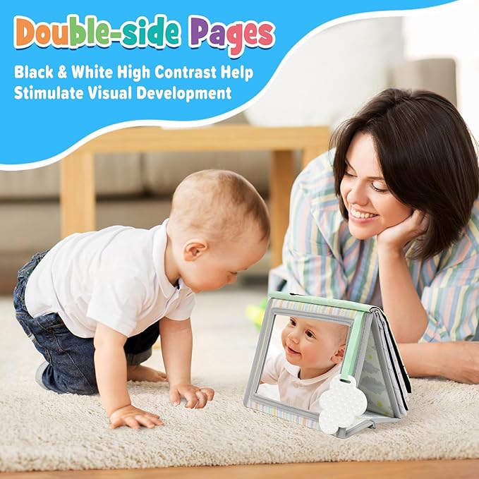 Dr.Rapeti Soft Tummy Time Book Baby Safe Mirror with Teether Crinkle Pages Tummy Time Mirror High Contrast Montessori Sensory Toy Tummy Time Toy for Newborn Baby Infant for 0+