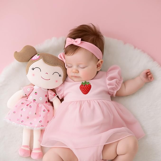 Gloveleya Baby Girl Gift – 16 Inches Strawberry Pink Plush Doll with Gift Box, Soft First Baby Doll for Toddler Girls, Birthday Present, Baby Shower & Holiday Keepsake