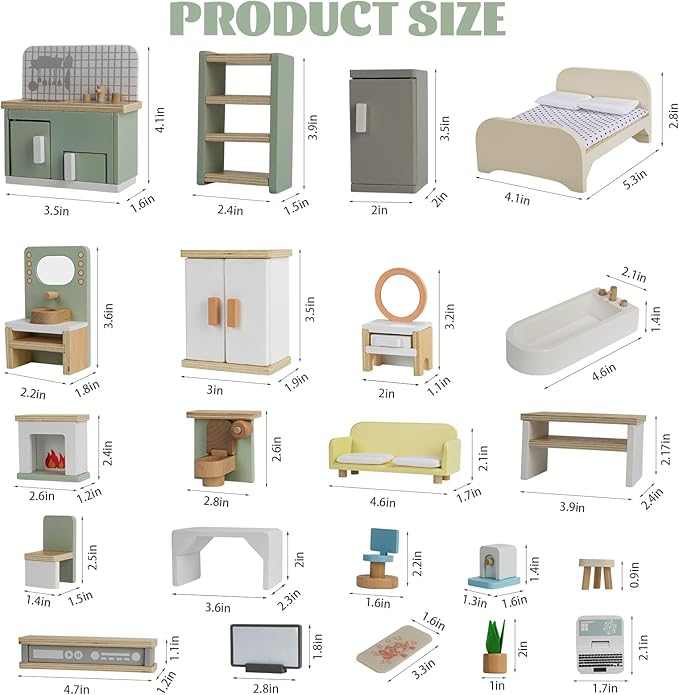 23PCS Wooden Dollhouse Furniture Set for 5 Rooms, Miniature Doll House Accessories & Furniture Toys for Toddlers, Indoor Scenes Pretend Play Toy for Kids 3+