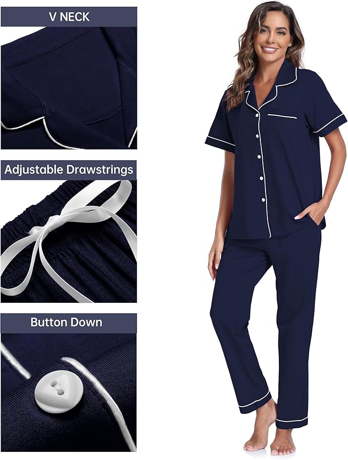 CF Womens 100% Cotton Pajamas Set Button Down Pjs Sets Short Sleeve Top & Long Pants Sleepwear Comfy Loungewear with Pockets