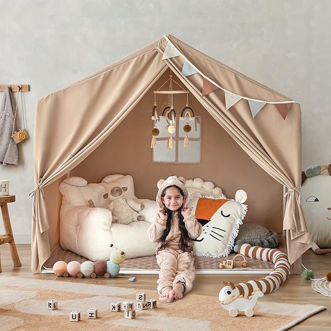 Kids Play Tent with Mat, Large Playhouse Tent Indoor, Kids Castle Tent for Girls Boys, Play Cottage (Khaki)