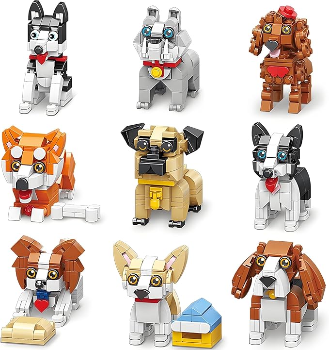 Party Favors Micro Mini Building Blocks 9 Pack Dogs Set,Adorable Dogs Building Toy Set, Party Favors Birthday Gift for Kids (1102PCS)