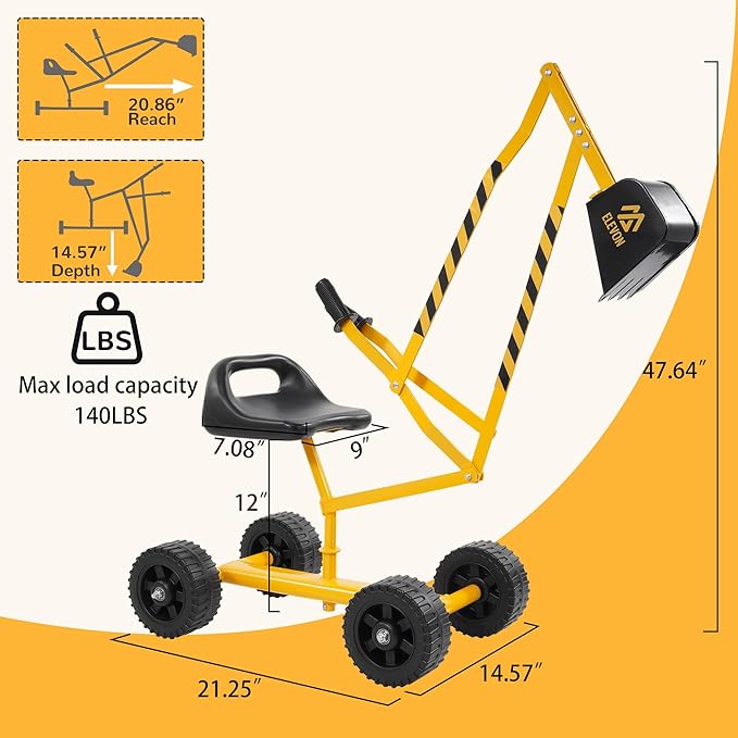 Elevon Sand Digger Kids Rolling Excavator Ride On Toy, Beach Toys Outdoor Sandbox Toy Digger, Steel Excavator Crane Rotates 360 with 4 Wheels, Sand Toys Backyard Sandbox, Dirt and Snow - Yellow