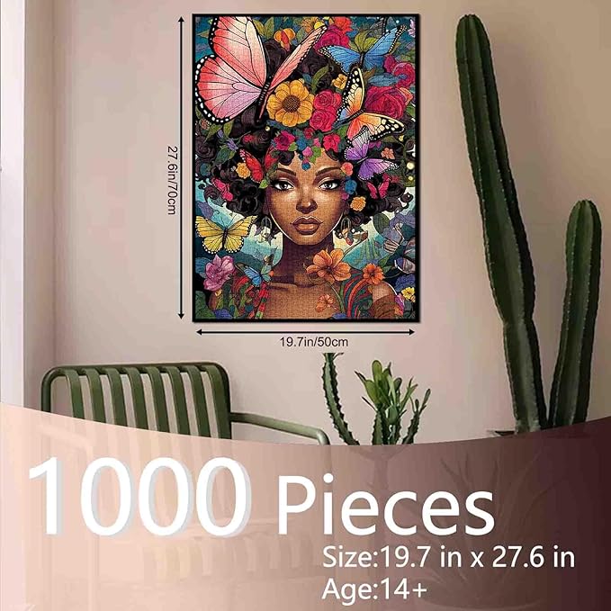 Tucocoo Afro Woman Jigsaw Puzzles for Adults 1000 Pieces, Abstract Butterfly Flower Black Girl Art Jigsaw Puzzle Colorful DIY Puzzles for Home Decoration Gifts, Family Puzzle Perfect for Game Nights