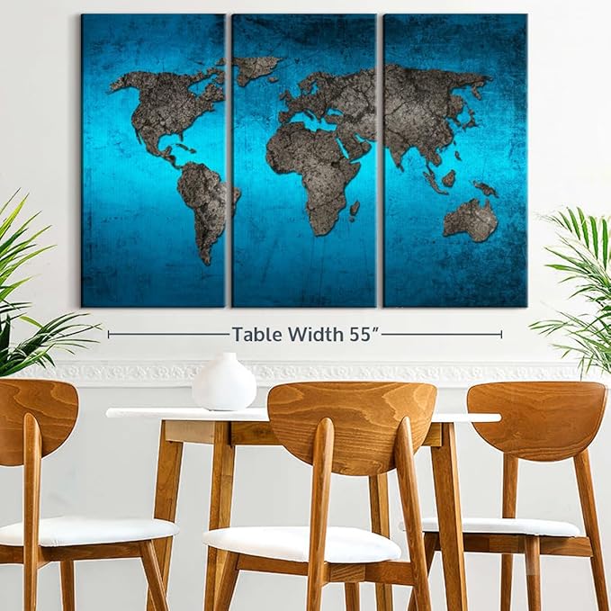 ElephantStock Ocean World Map Multi Piece Canvas - 3 Panel Wall Decor - Map of the World Art - Canvas for the Office and Home - 57" X 36"