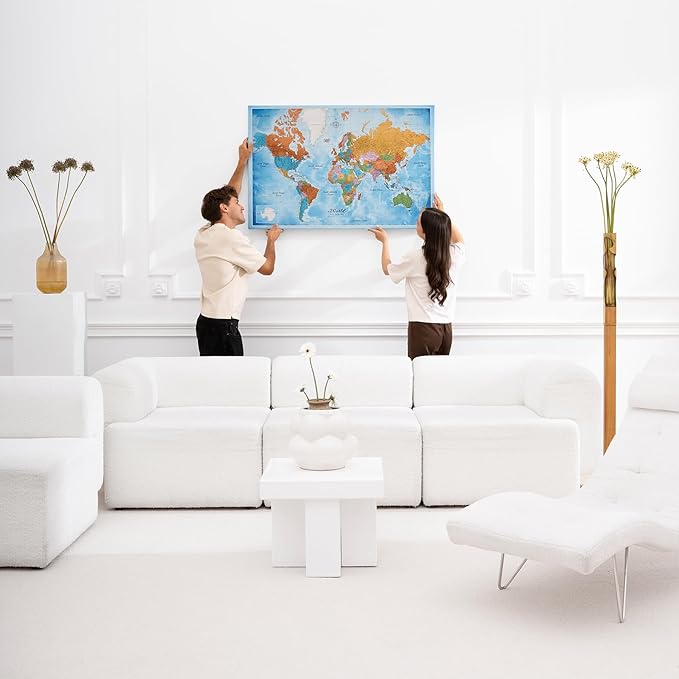 Canvas World Map with Cork Pin Board - English Lettering - Decorative Wall Decoration for All Rooms - Canvas Pictures with World Map Motif (120x80 cm, Pattern 21)