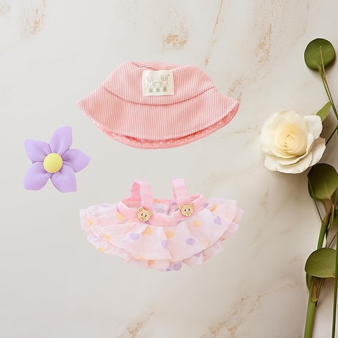 17cm Doll Clothes Set, 3 Pieces Dress Outfit Set for 6.7inch Doll Suit, Fashion Chic Hat & Clothes Accessories for 1st/2nd/3rd Gen Dolls Play & Display Pink