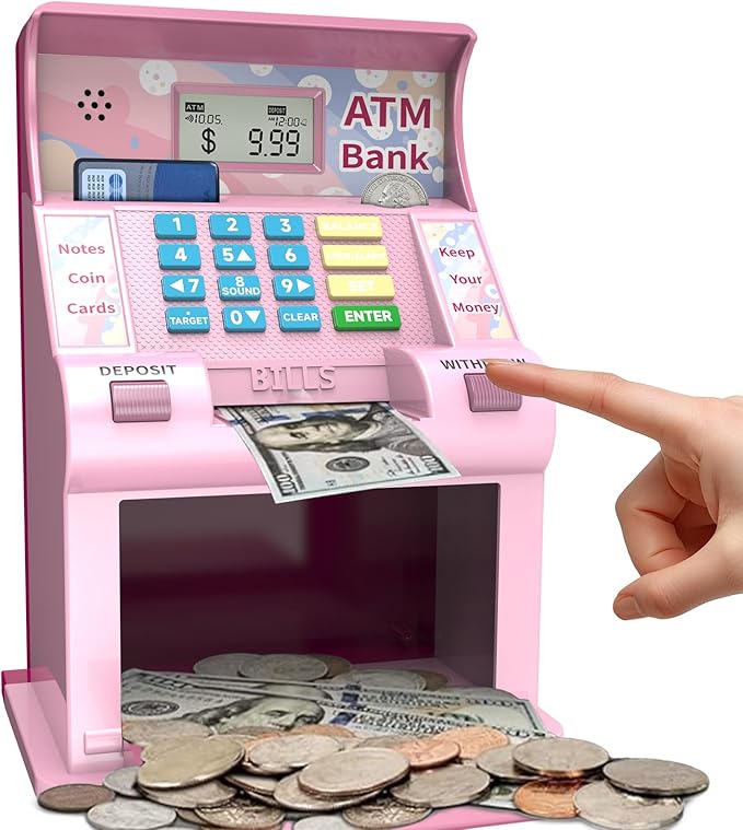 ATM Piggy Bank for Kids，ATM Bank Cash Coin Saving for Real Money with Debit Card，Coin Recognition, Balance Calculator, Electronic Savings Safe Box，Gift for Ages 6-13 Piggy Bank (Pink)