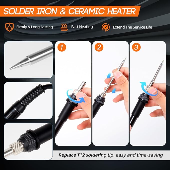 FEITA T12 Soldering Iron Station Kit Tool for Electronics, With 3 Solder Iron Tips, 1 Soldering Wire & Stand, 1 ESD Tweezer, Soldering Machine with °F-°C Conversion, Auto Sleep & Shutdown