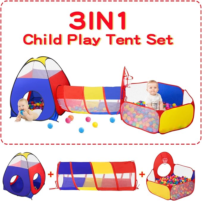 3 in 1 Kids Play Tent for Toddler with Baby Ball Pit and Play Tunnel, Children Indoor Outdoor Playhouse with Climbing Tunnel Toy for Toddlers, Boys and Girls Best Birthday Gifts（No Balls）