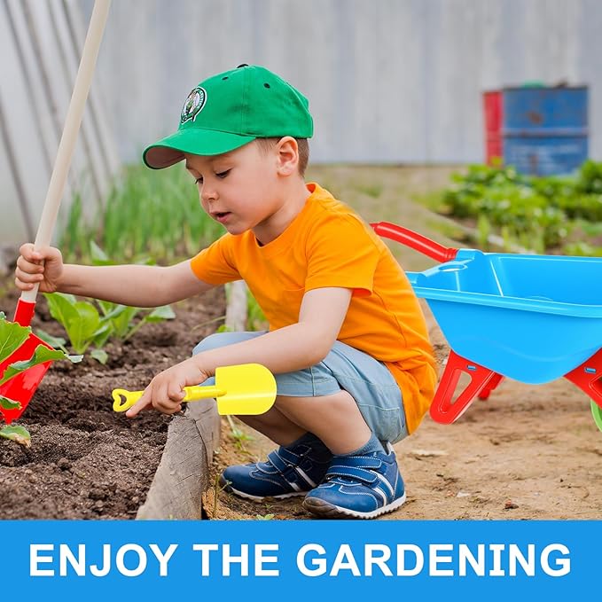 3 PCS Kids Wheelbarrow with 3 PCS Kids Toddlers Shovels for Gardening Digging, Small Plastic Wheelbarrow for Toddlers, Garden Cart on Wheels for Girls Boys Outdoor Digging Play Over Aged 3 Years Old