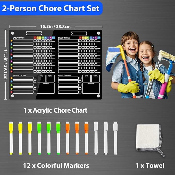 PigPotParty 2-in-1 Black Acrylic Magnetic Chore Chart for 2 Kids Couples Roommates, 15"x11" Large Dry Erase Chore Board for White Fridge, Weekly Reward Chart, 12 Markers & 1 Towel Included