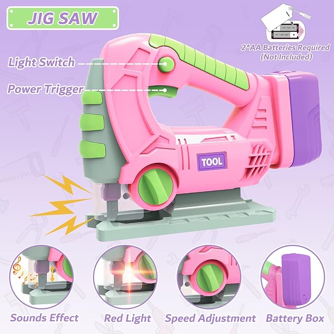 Kids Tool Set for Girls - Toddler Tool Set with Toy Chainsaw, Electric Toy Drill, Pretend Play Construction Tools Toy Gifts for Kids Aged 3 4 5 6 7