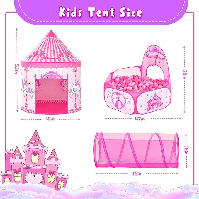 3 in 1 Girls Princess Play Tent for Kids: Pop Up Toddlers Playhouse with Baby Crawl Tunnel, Ball Pit and Castle Tent - Pink Children Play Tent Toys Indoor and Outdoor Game for Birthday Gift