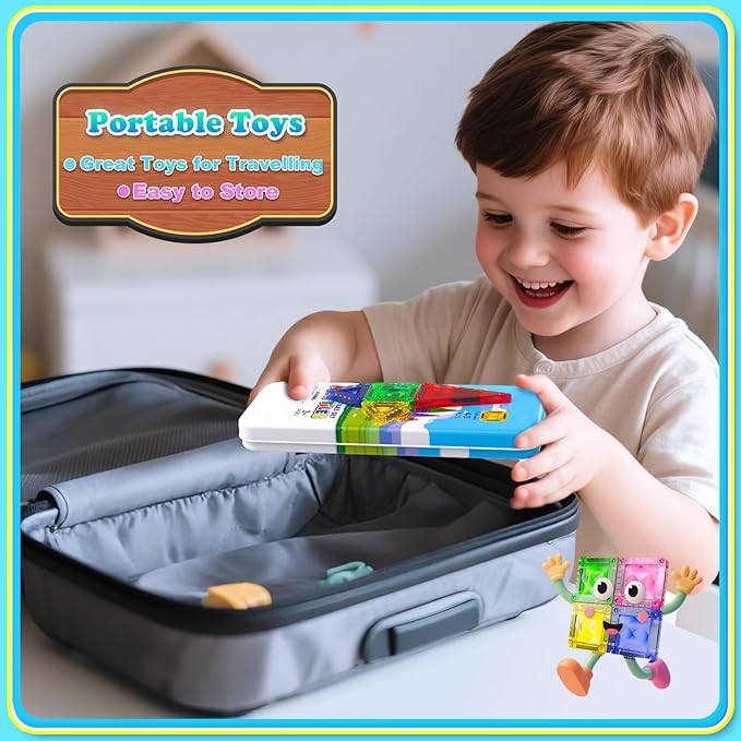 Mini Diamond Texture Magnetic Tiles with Iron Box, 40 PCS Travel Magnetic Tiles, STEM Educational Building Set Construction Toys for Kids Ages 3+, Portable Building Toys for Toddlers, Boys & Girls
