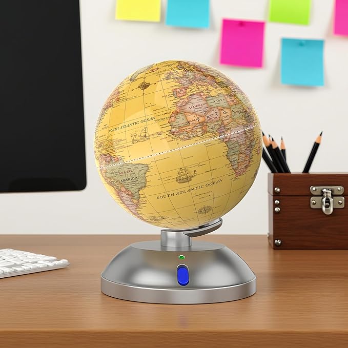 360° rotating globe, independently supported by a beautiful silver plastic base with a switch, 9-inch design, built-in LED night light, color high-definition visual map details, children's geography education, study and office decoration, living room d...