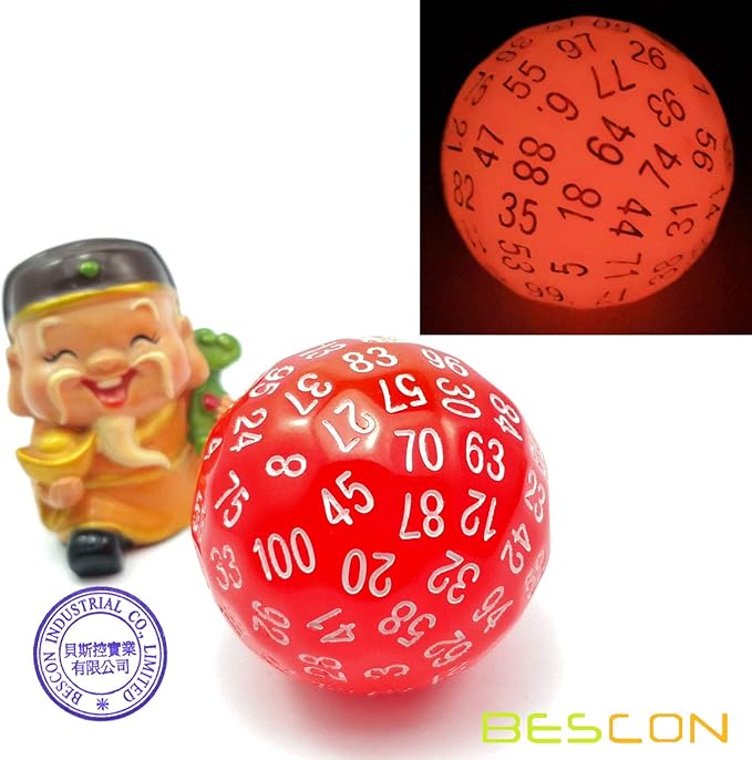Bescon Glowing Polyhedral 100 Sides Dice Cerise Red, Luminous D100 Dice, 100 Sided Cube, Glow in Dark D100 Game Dice