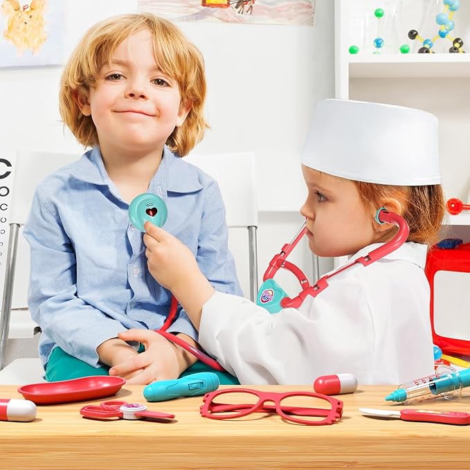 Doctor Kit for Kids, Pretend Doctor Playset for Toddlers with Cart, Costume and Stethoscope, Role Play Medical Toy for Girls Boys Toddlers 3-8 Birthday Gifts (Pink)