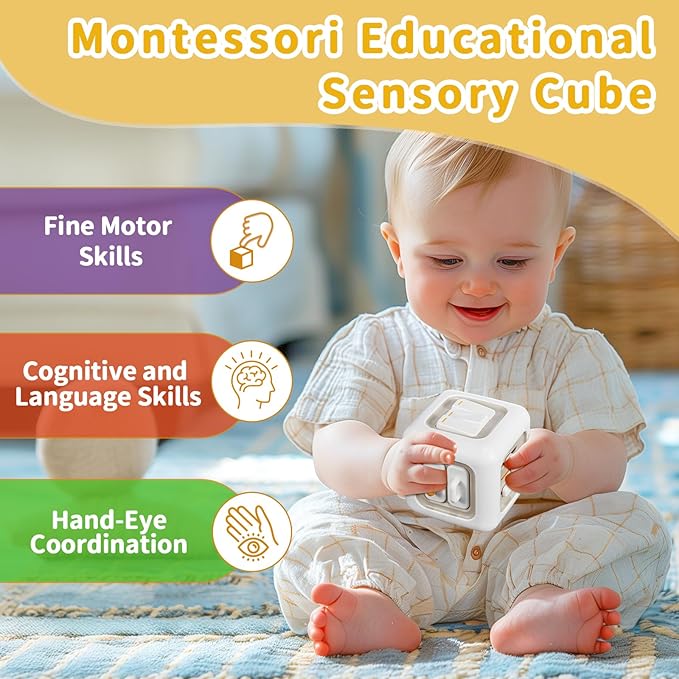Baby Activity Cube Montessori Toys for 1 Year Old, Car Travel Airplane Toys for Toddlers 1-3, Busy Board for Babies 12-18 Months, Birthday Gift for 1 Year Old Boys Girls, Gray
