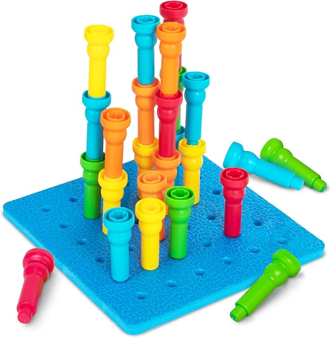 Play Build Peg Board Toy for Kids, 25 Colorful Pegs with Foam Board, Stacking Pegboard Set, Toddler Learning Toys for Ages 3+, Montessori, Educational, Therapy Toy for Boys & Girls