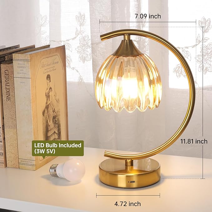Cordless Table Lamp with 5200mAh Battery & Touch Control - 3 Adjustable Color Temperatures Bulb, Rechargeable Small Table Lamps for Living Room, Bedroom, Office Desk, Nightstand (Amber Tulip)